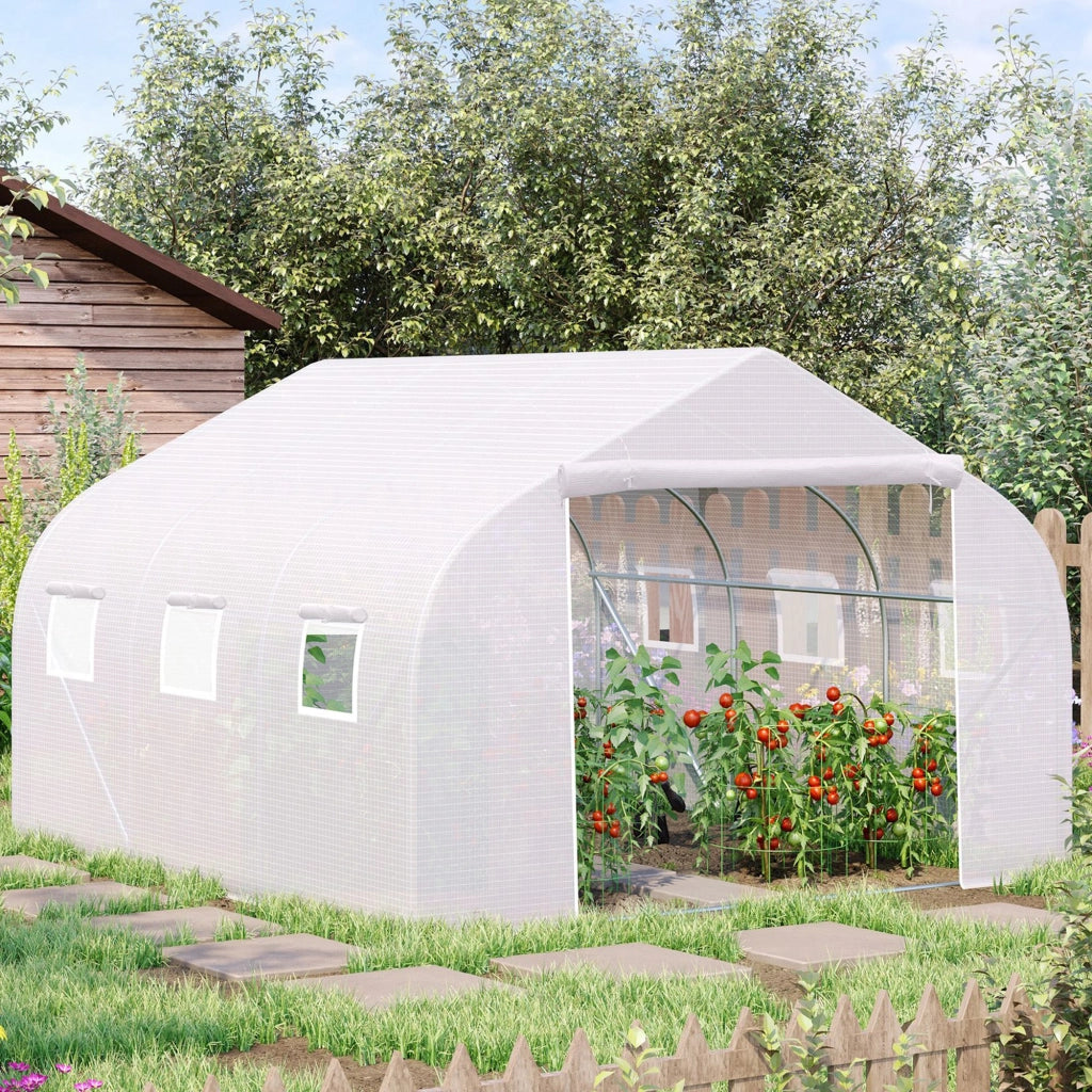 Serra in alluminio 3,5x3x3 m con protezione UV, antivento, finestre a rete, ideale per pomodori e piante in giardino o sul balcone, in metallo, bianca