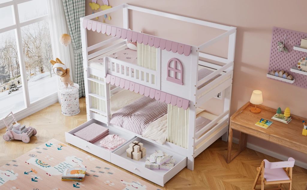 DESMIU Letto a castello bambino 90 × 200 cm 2 posti con finestre, tende, 2 cassetti, ripiani, senza materasso, bianco e rosa