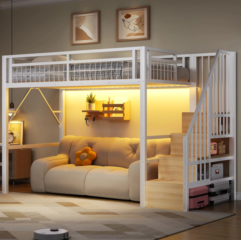 Letto a soppalco 90x200 cm con LED e scale con contenitore in metallo