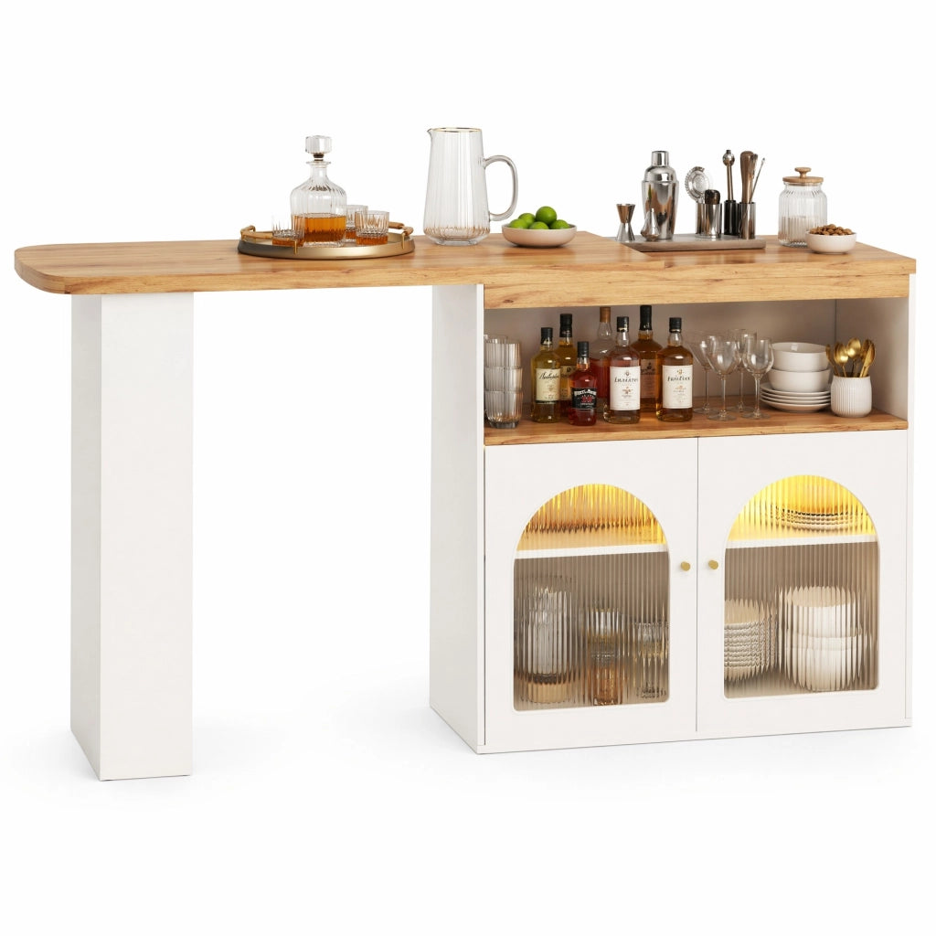 Bar tavolo allungabile girevole con LED e vano contenitore, bianco, 138-193 x 39 x 105 cm
