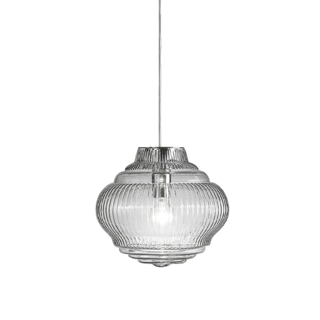 Bonnie Lampada a sospensione in vetro soffiato trasparente lavorazione rigadin, struttura metallo grigio, altezza 313 cm, attacco E27, ideale indoor