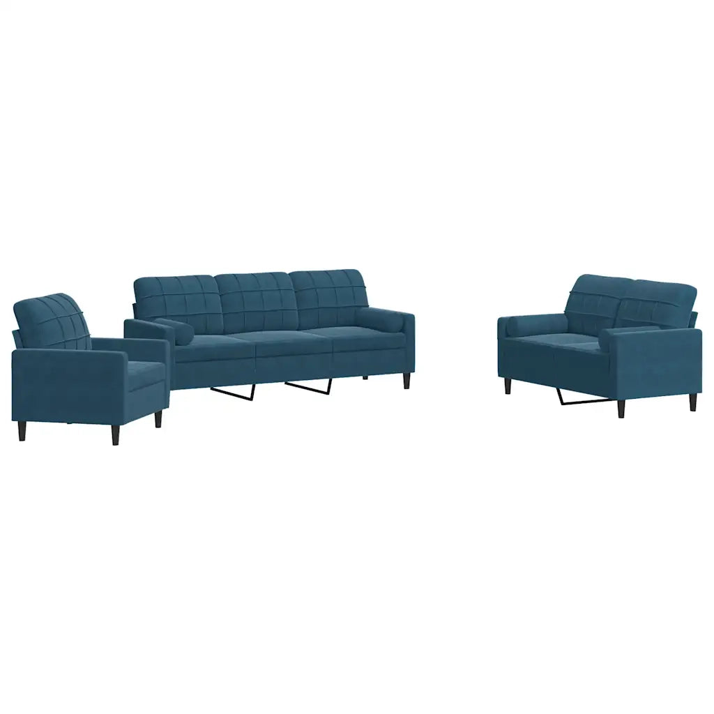Set di Divani 3 pz con Cuscini e Rinforzi Blu in Velluto