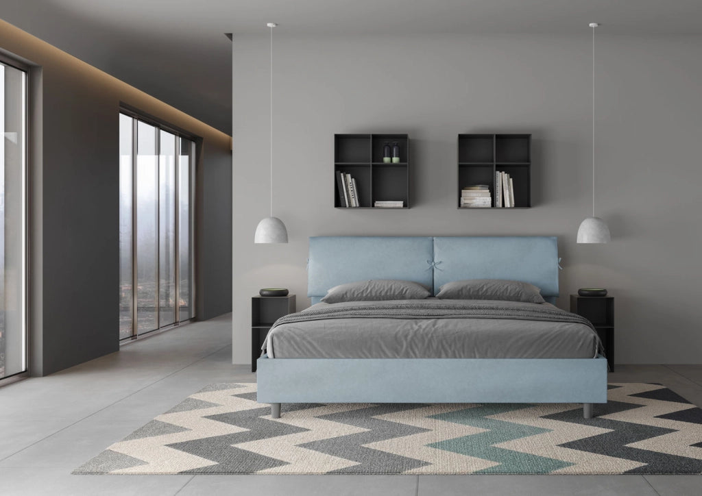 BS COM Letto matrimoniale king size con rete imbottito 180x210 microfibra azzurro