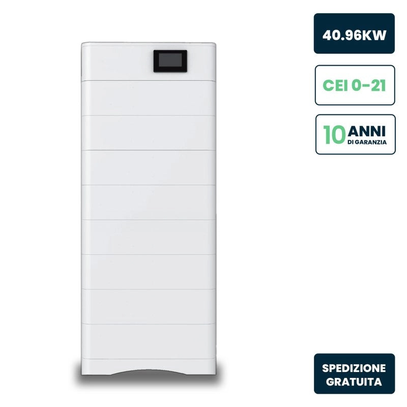 Kit 8 Moduli di Accumulo Impilabili Alta Tensione 40kWh LiFePO4 BMS Integrato, Inclusa Base e Box di Controllo, 100Ah, 409.6V, IP65, CEI 0-21 Garanzia 10 Anni SKU-120028