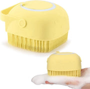 Spazzola per il corpo in silicone, spazzola per il bagno degli animali domestici, spazzola massaggiante in silicone, shampoo per cani, cura del pelo, spazzola massaggiante per il bagno con dispenser di shampoo per animali domestici (giallo)