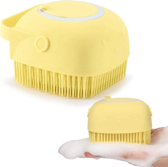 Spazzola per il corpo in silicone, spazzola per il bagno degli animali domestici, spazzola massaggiante in silicone, shampoo per cani, cura del pelo, spazzola massaggiante per il bagno con dispenser di shampoo per animali domestici (giallo)