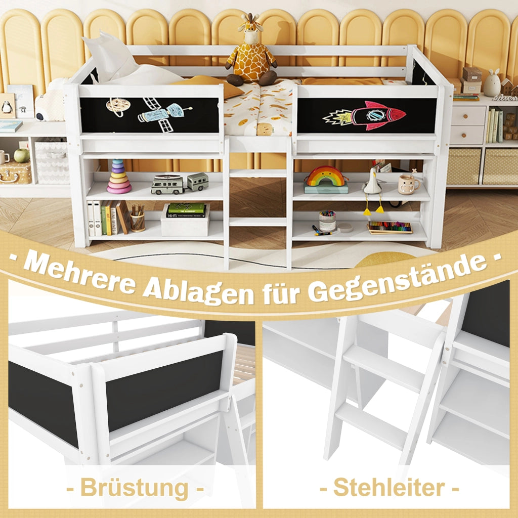 LETTO Semialto 90x200 cm Bianco con scala e vani contenitori