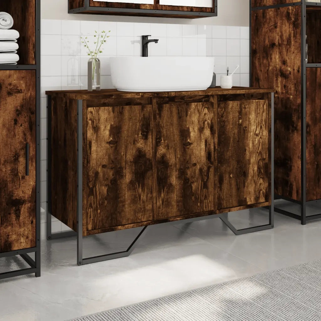 Mobile Lavabo Bagno-Armadietto da bagno Rovere Fumo 91x35x60 cm in Truciolato