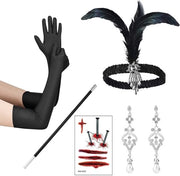 Accessori di Halloween per Bambini - Fascia con Flessibile - Guanti Neri Lunghi - Orecchini - Adesivo per Faccia di Halloween - Design Vintage - Costume Gatsby