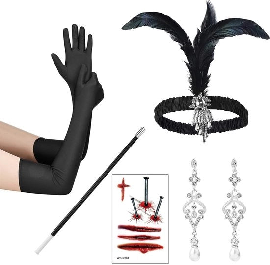 Accessori di Halloween per Bambini - Fascia con Flessibile - Guanti Neri Lunghi - Orecchini - Adesivo per Faccia di Halloween - Design Vintage - Costume Gatsby