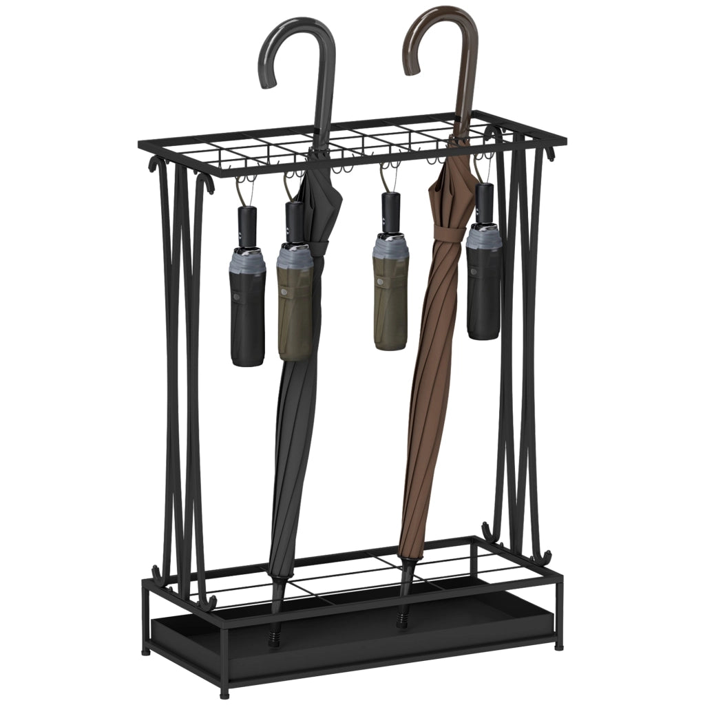 Portaombrelli 50x24x68 cm con Vaschetta per l'Acqua 21 Fori e 24 Ganci in Acciaio Nero