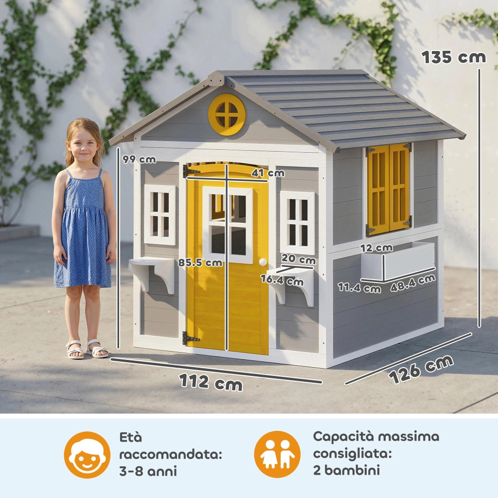 Casetta da Giardino per Bambini in Legno ¨C Xylo ¨C Grigio, 3-8 Anni, Finestre, Tetto Inclinato