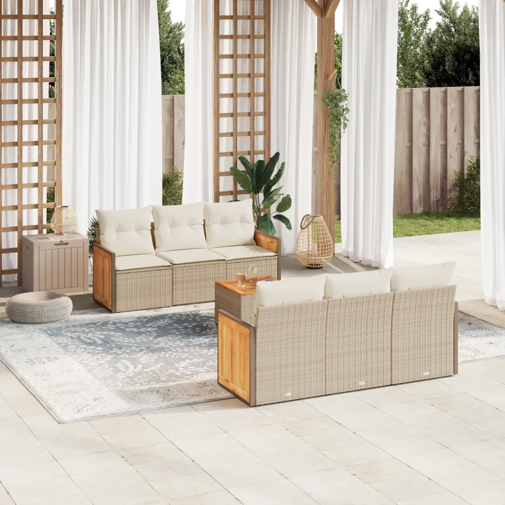 Set Divani da Giardino 7 pz con Cuscini Beige in Polyrattan