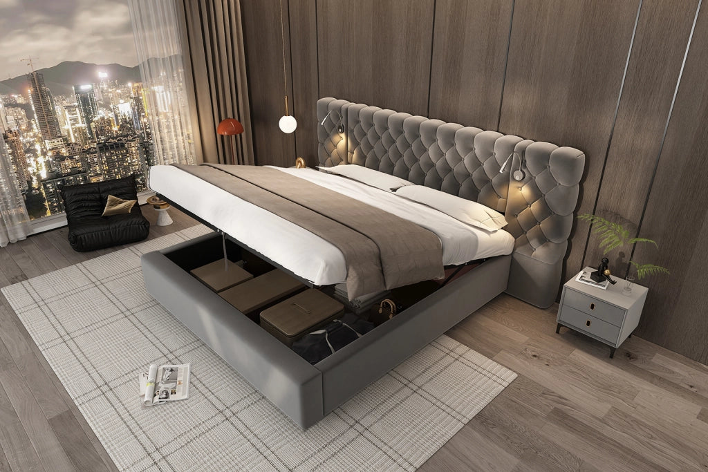 DESMIU Letto con contenitore 180 × 200 cm 2 posti con luce da lettura, vano idraulico e senza materasso, in velluto grigio