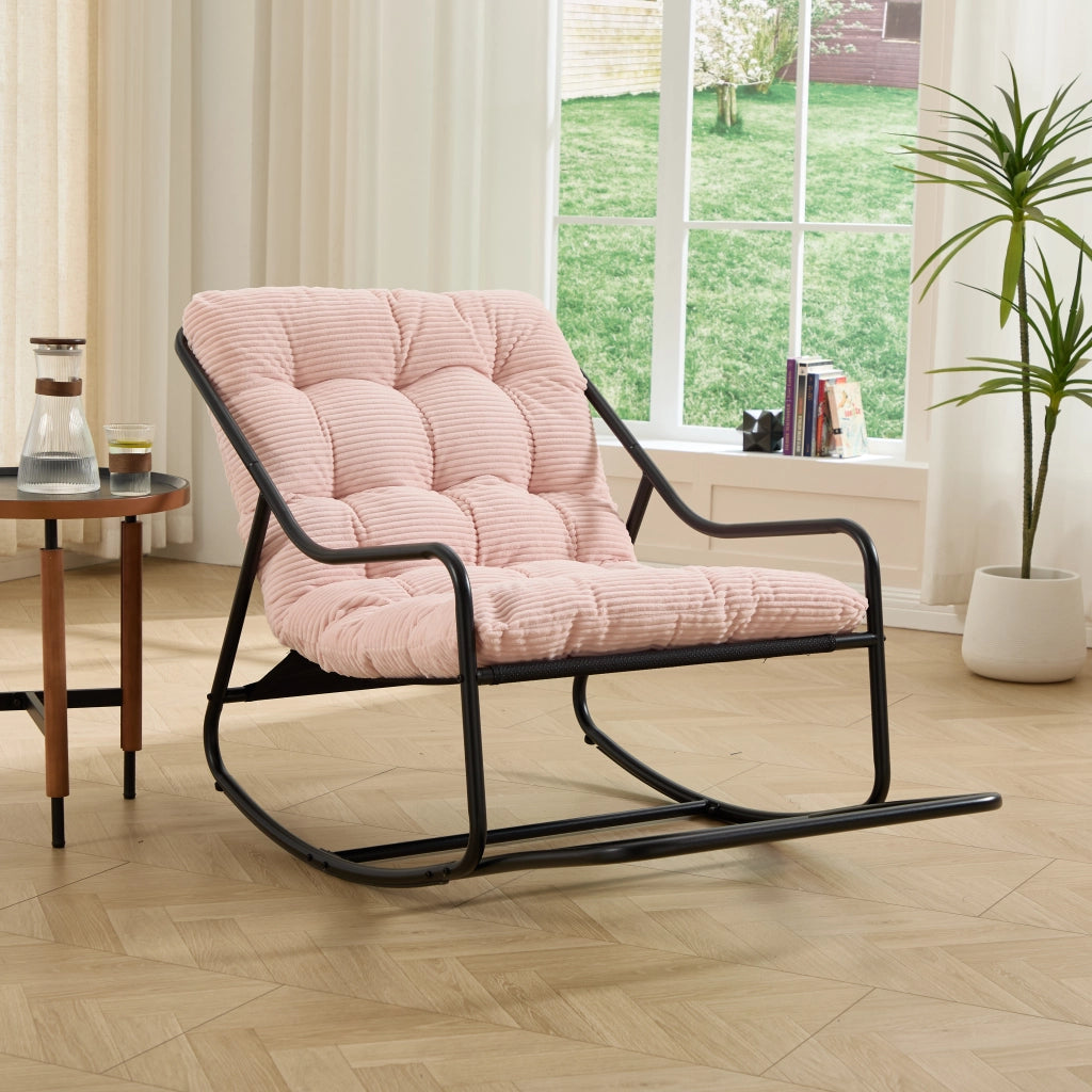 Sedia a dondolo comoda con spessa imbottitura per soggiorno e camera da letto giardino e terrazzo struttura nera cuscini rosa