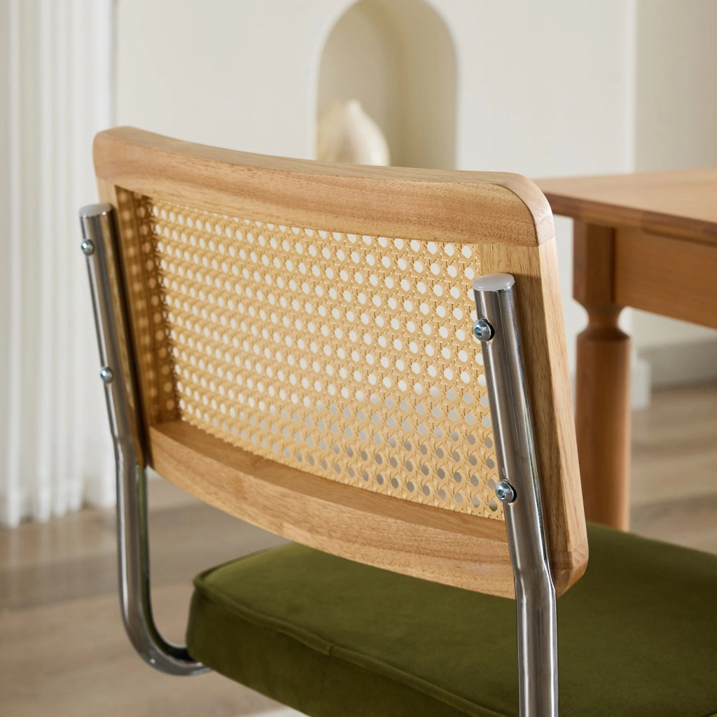 Set 2 Sedie da Pranzo in Velluto con Schienale in Rattan ¨C Xylo ¨C Verde, Gambe Cromate