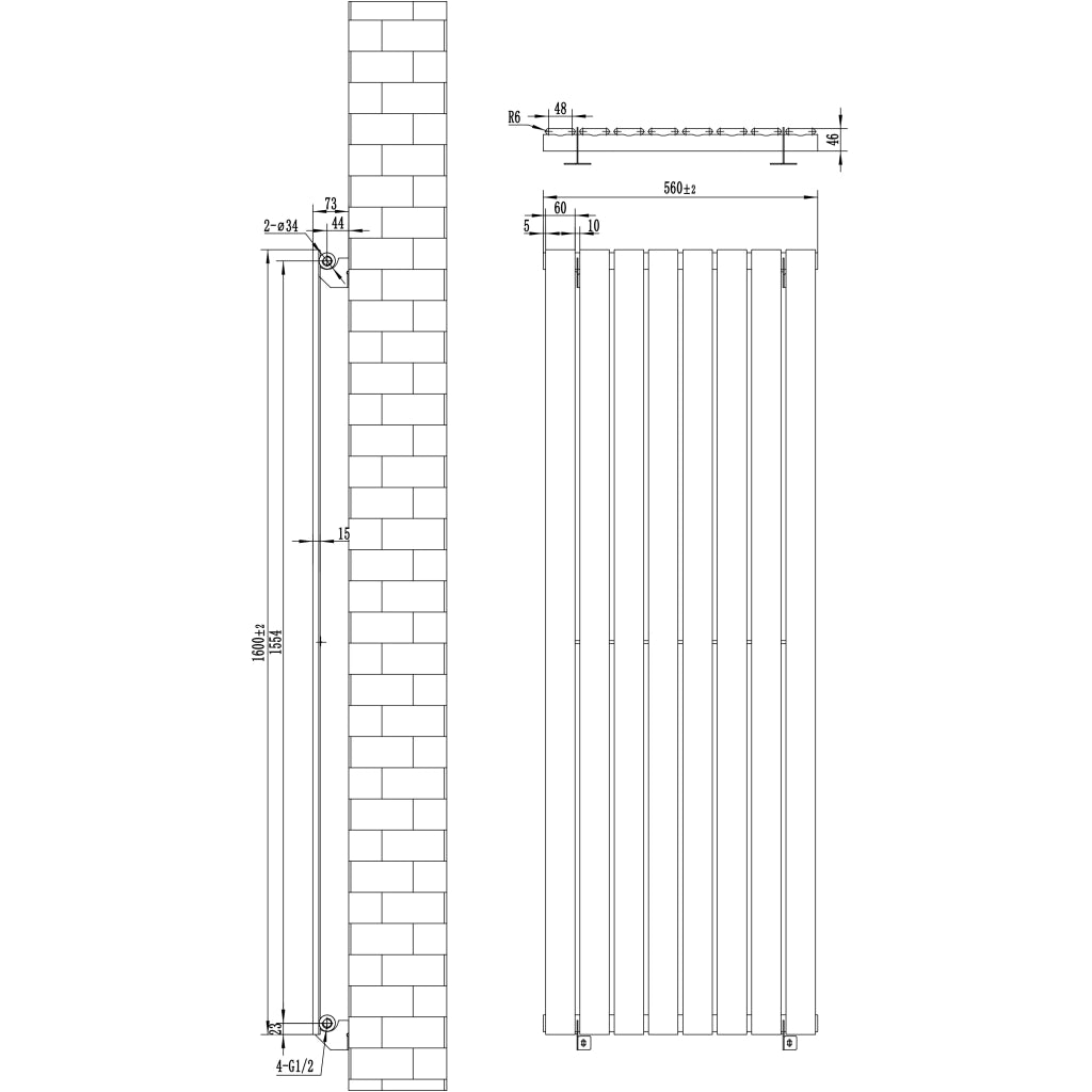 Radiatore Verticale Design Piatto Colonna Singola Nero 1600x560 mm