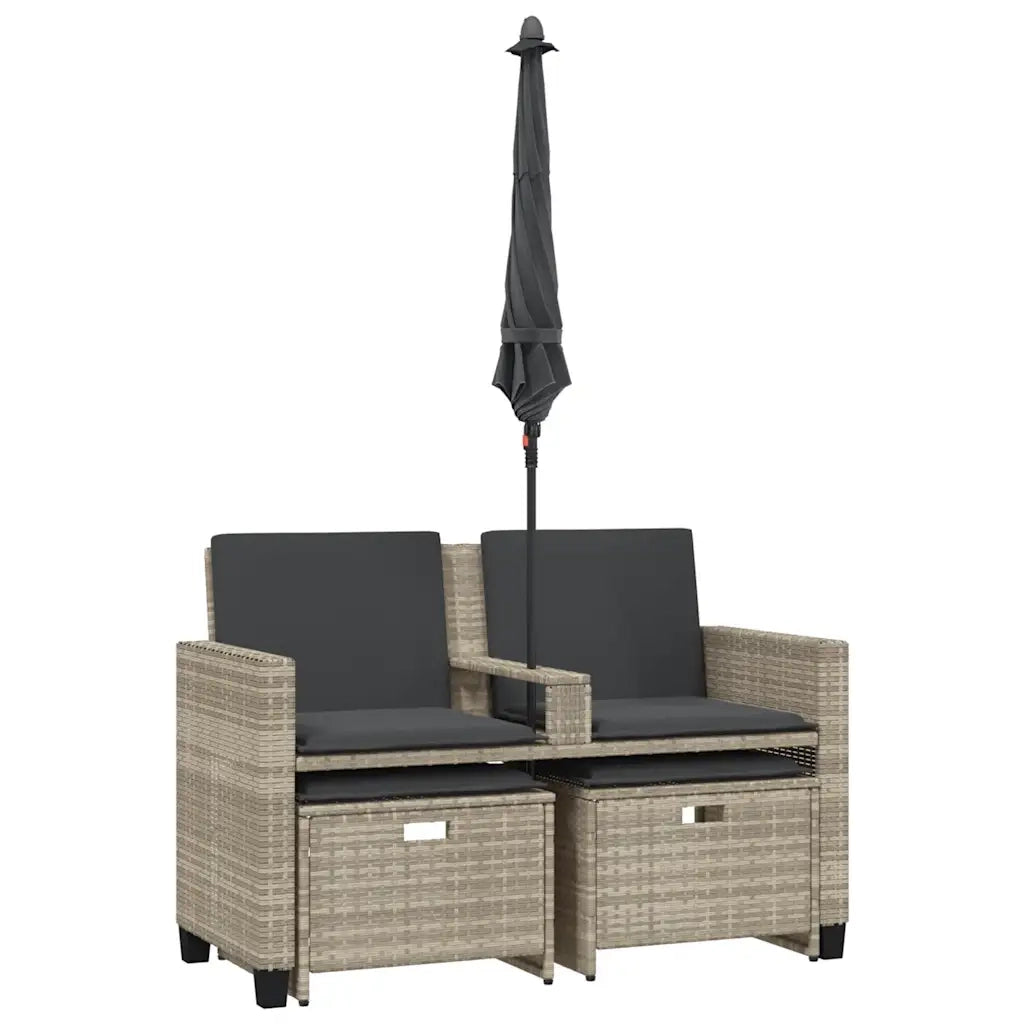Divano 2 Posti-Sofa 2 Posti Ombrellone e Sgabelli Grigio Chiaro Polyrattan