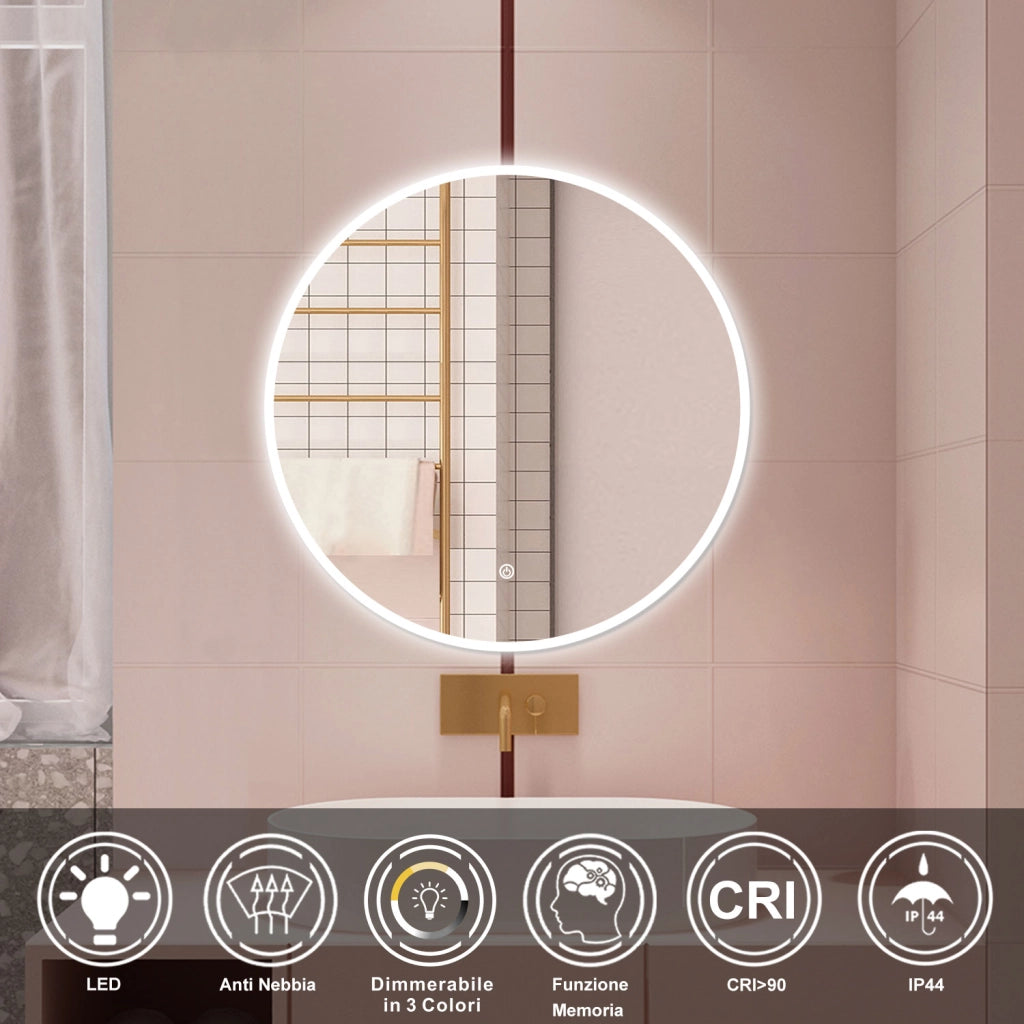 AICA Specchio da bagno 70 x 70 cm, 3 colori, antiappannamento, dimmerabile, interruttore touch, Funzione Memoria