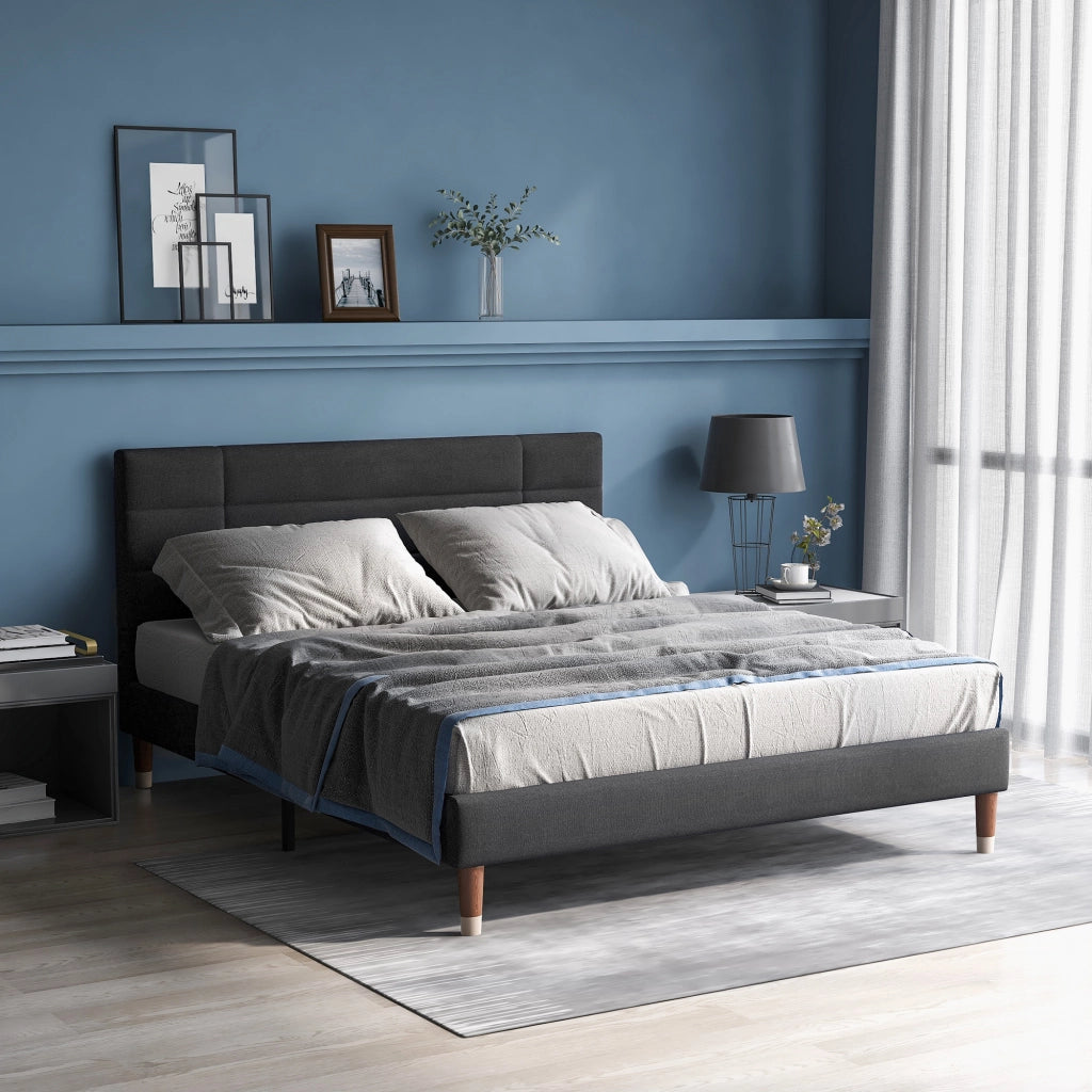 Letto matrimoniale imbottito di 140x200 cm in struttura a listelle di lino grigio scuro con testiera per adulti e adolescenti senza materasso