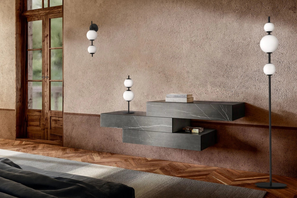 TOLOMEO-L Lampada da tavolo 2 luci led 12W 4000k 826L  in metallo nero sfere satinate