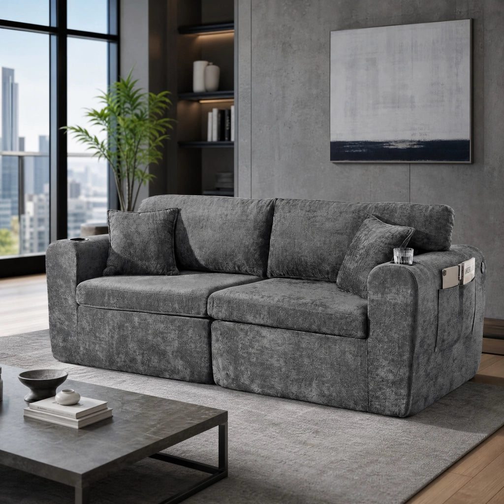 Divano relax a 2 posti con USB; tasche laterali e portabicchieri; 220x100x89 cm; grigio