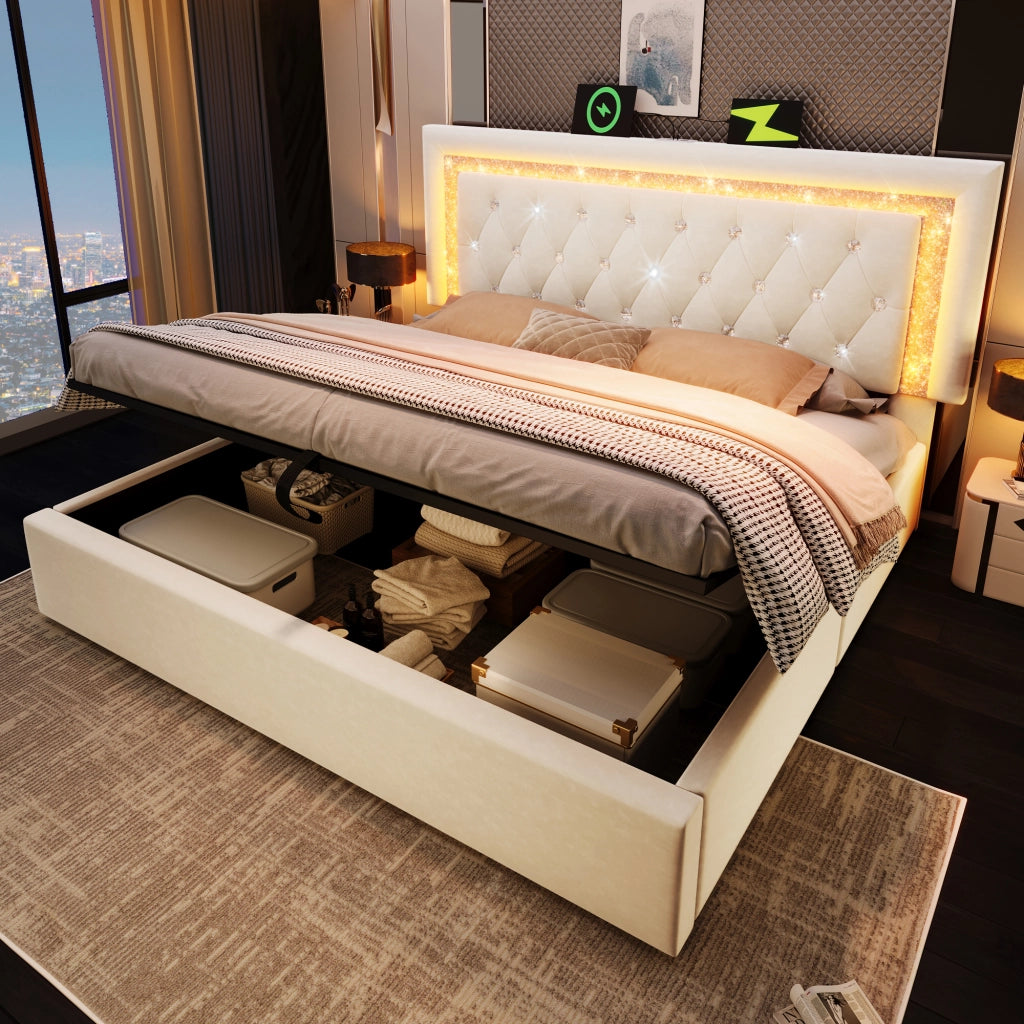DESMIU Letto Contenitore 140 × 200 cm 2 posti LED, USB e Type-C, con vano idraulico, materasso incluso, velluto beige