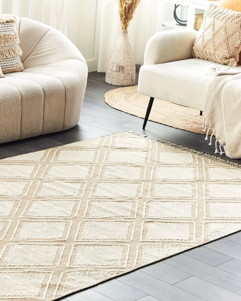 Tappeto in cotone bianco beige 140 x 200 cm motivo geometrico nappe tribali orientali
