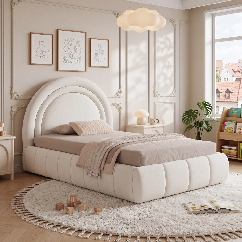 Letto contenitore per bambini 90×200 cm; letto singolo con apertura idraulica e testiera imbottita; senza materasso; beige