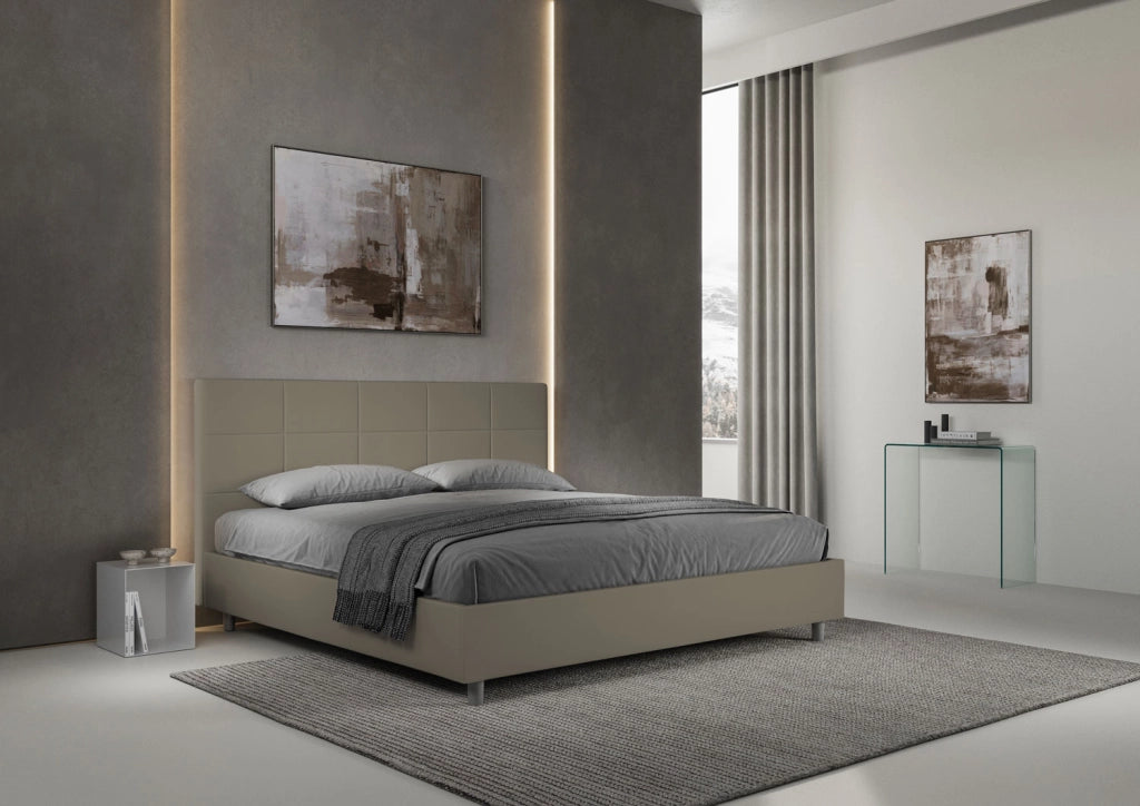 Letto Matrimoniale King Size 200x210 cm con Rete Imbottito in Similpelle Mika Cappuccino