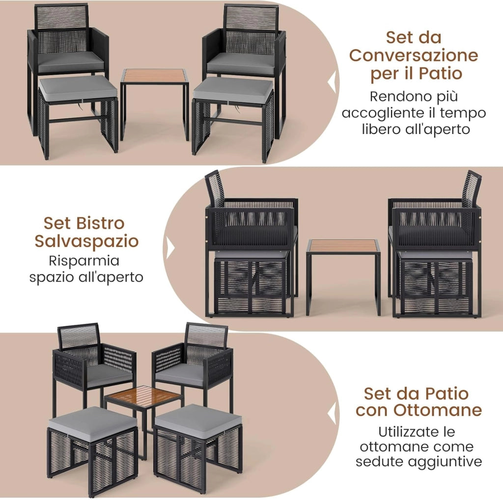 5 Pezzi Set da Esterno in Rattan PE, Set Mobili da Giardino con Cuscini, Sedie Poggiapiedi e Tavolino da Caffè, Poltrone Lounge Salvaspazio per Balcone, Piscina e Cortile