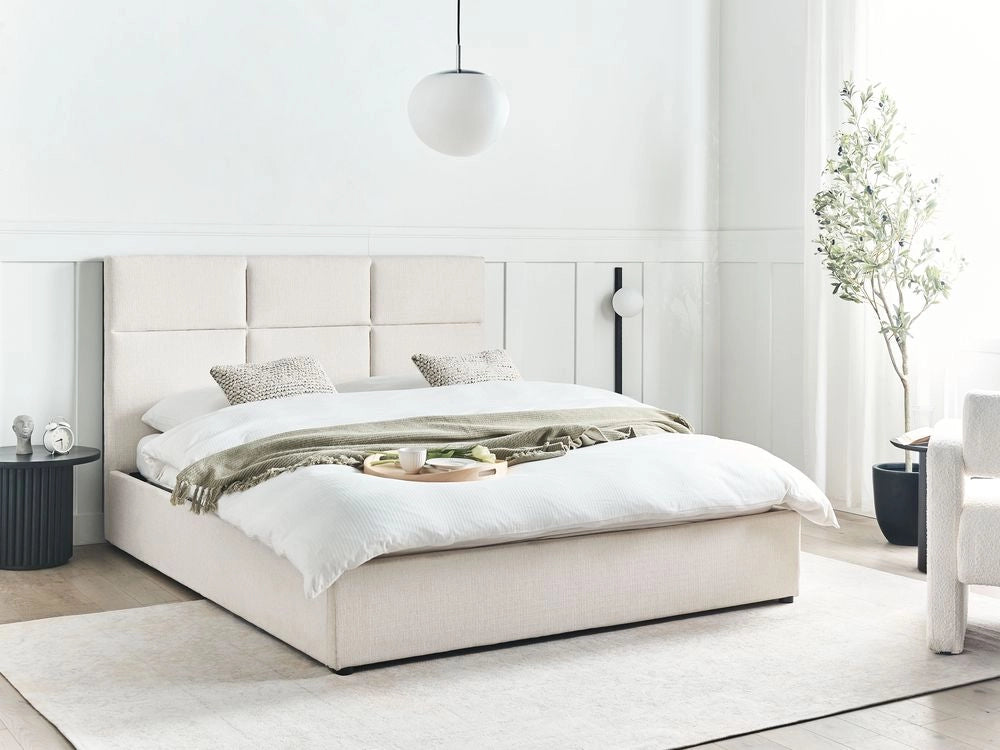 Letto ottomano Bianco Sporco Poliestere Rivestito 160 x 200 cm con Storage e Testata Mobili da Camera da Letto