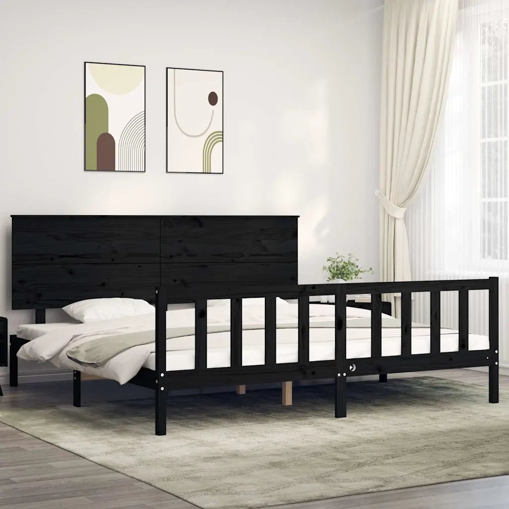 Giroletto con Testiera-Struttura Letto con testiera Nero 200x200 cm in Legno Massello 629596