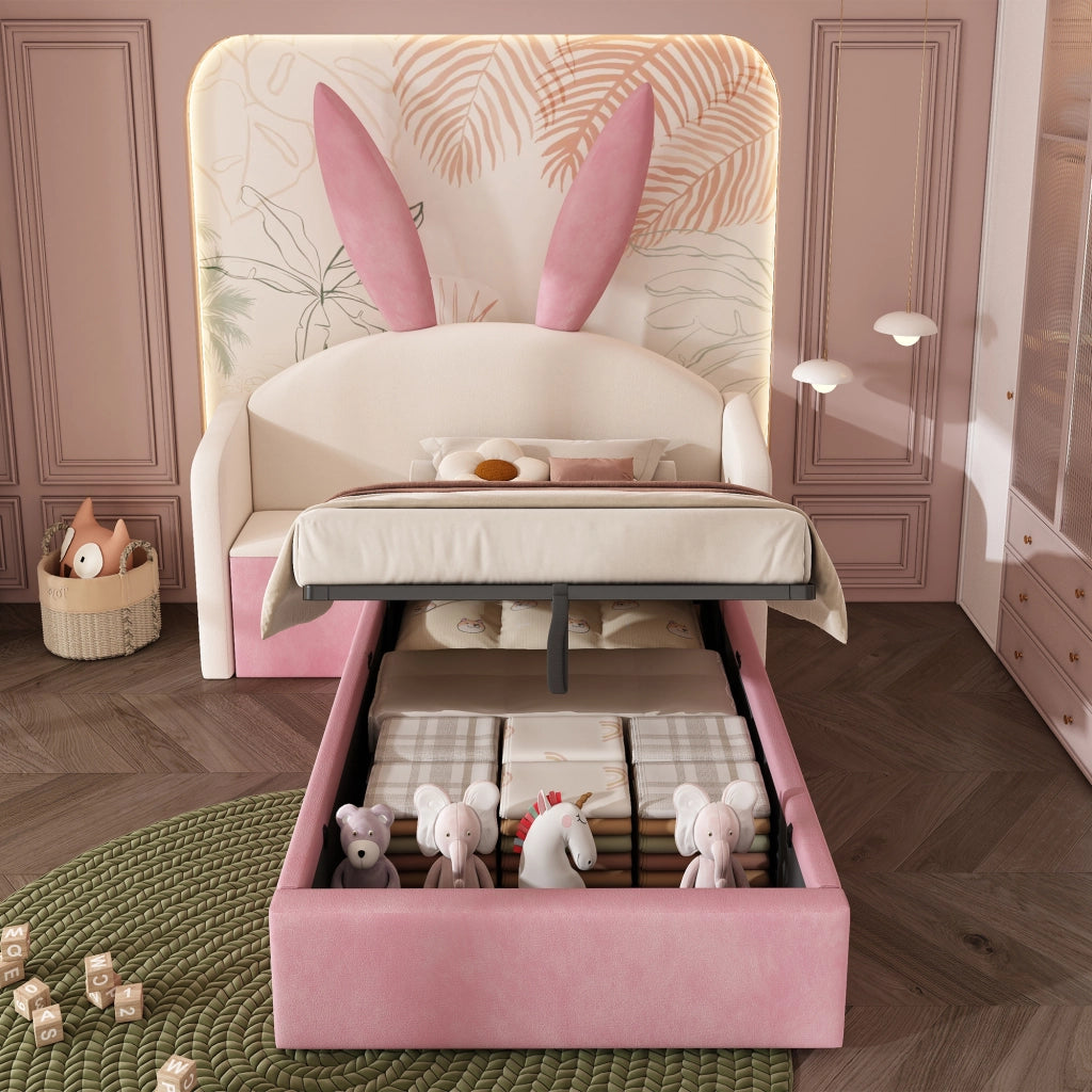 LETTO 90x190 cm in Velluto Beige e Rosa con comodino laterale