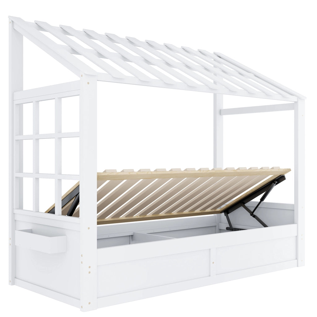 Letto per bambini 90 x 200 cm con contenitore idraulico e vani laterali; bianco