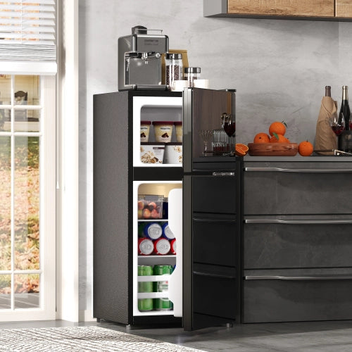 Mini frigorifero con congelatore; indipendente; volume totale 60L; congelatore da 22L; porta in vetro; illuminazione LED; basso rumore; scaffali rimovibili in vetro; nero