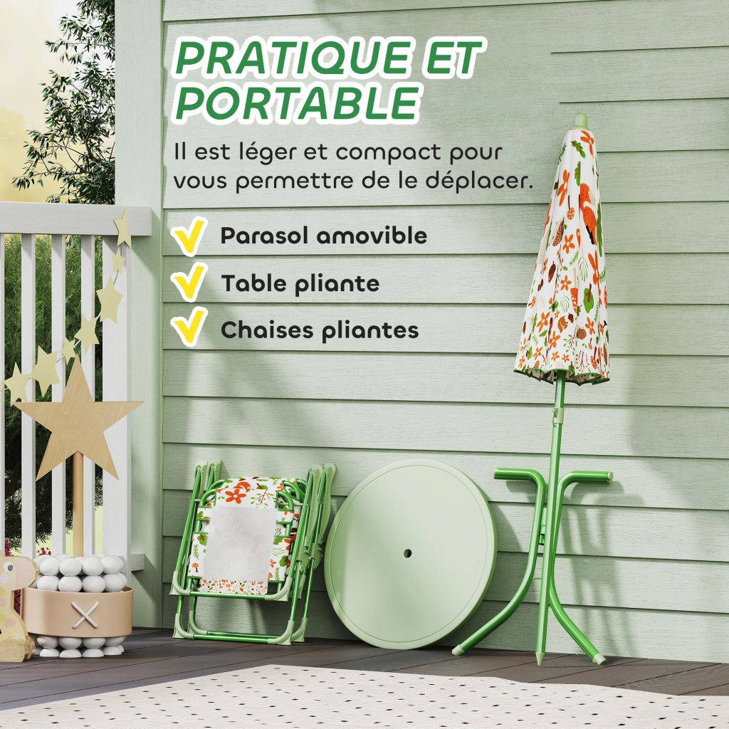 Set giardino bambini 4 pezzi elefante giraffa ¨C Xylo ¨C tavolo sedie pieghevoli parasol ?100cm