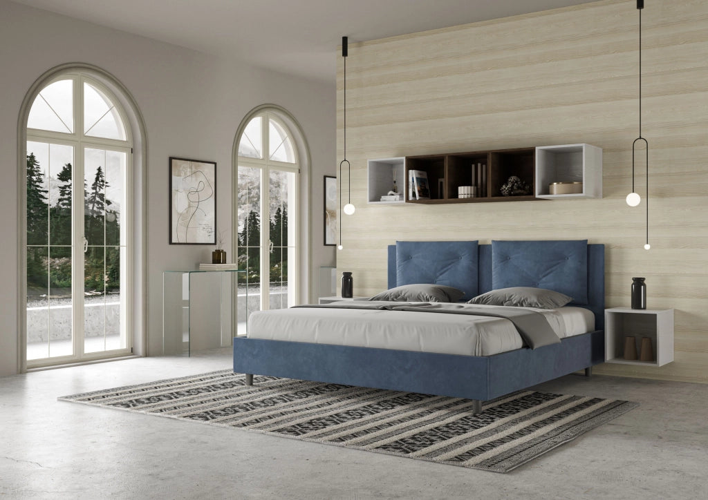 BS COM Letto matrimoniale king size con rete imbottito 170x190 microfibra blu
