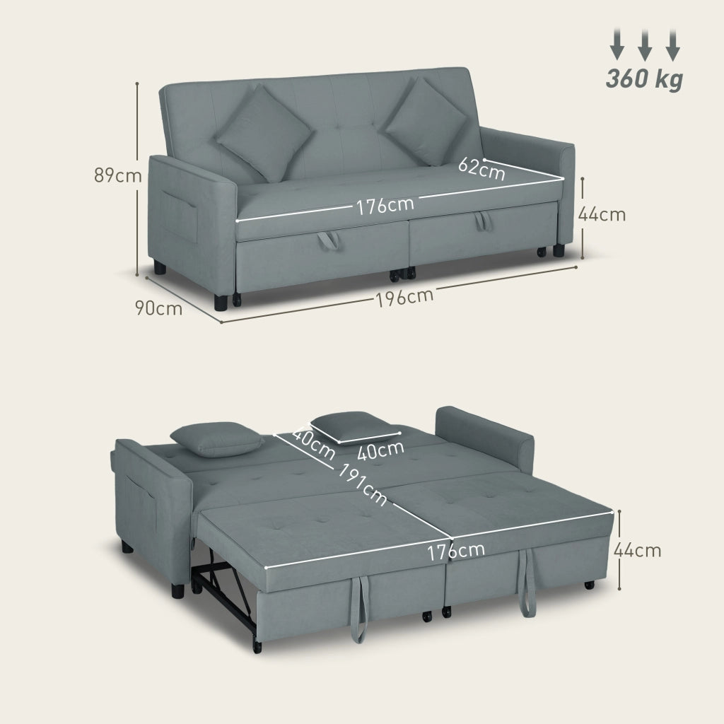 Divano letto 3 posti imbottito con cuscini ¨C zephmum ¨C grigio