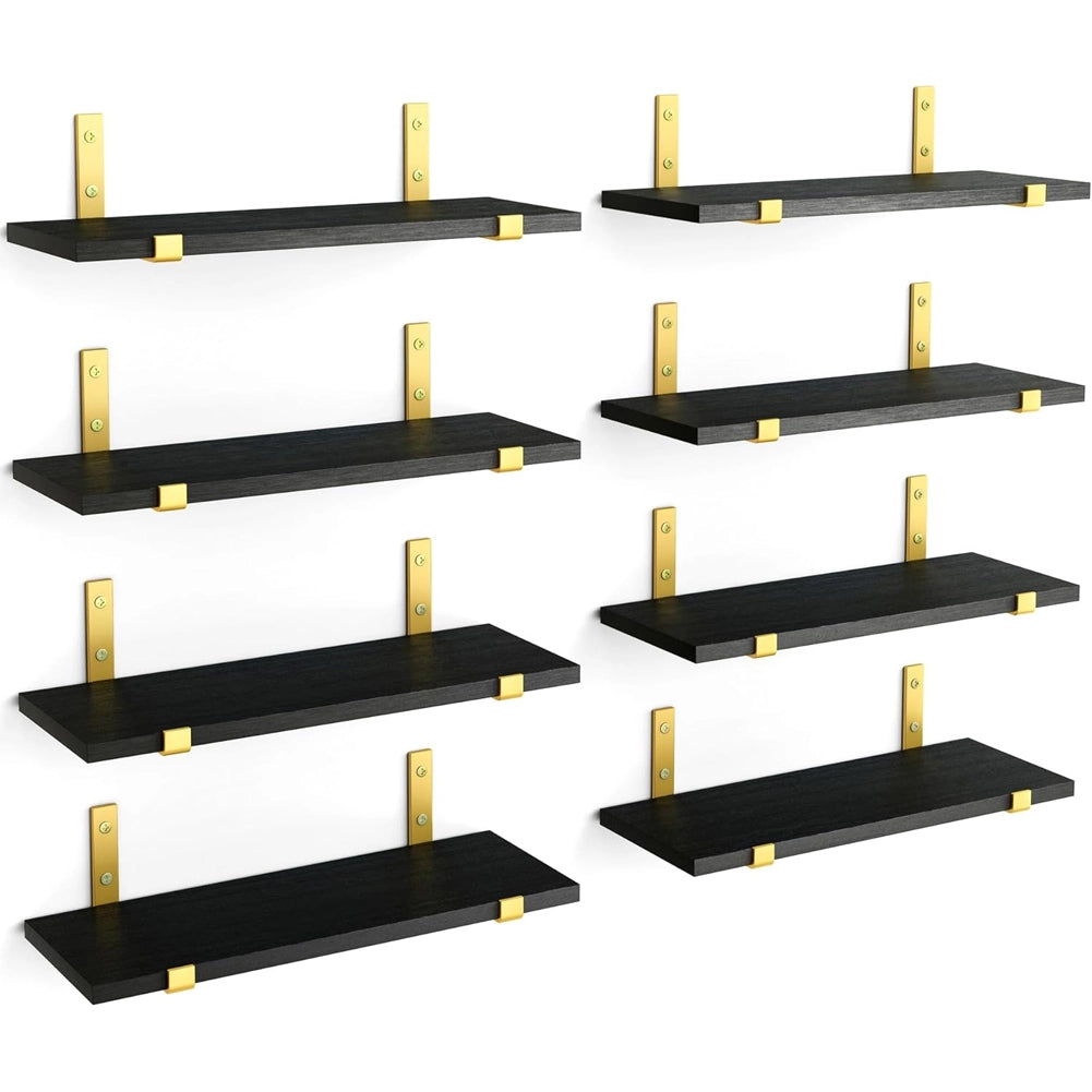 Set 8 Mensole da Parete 40x15x1,5 cm Staffe Oro Scaffalatura da Muro in Legno Nero