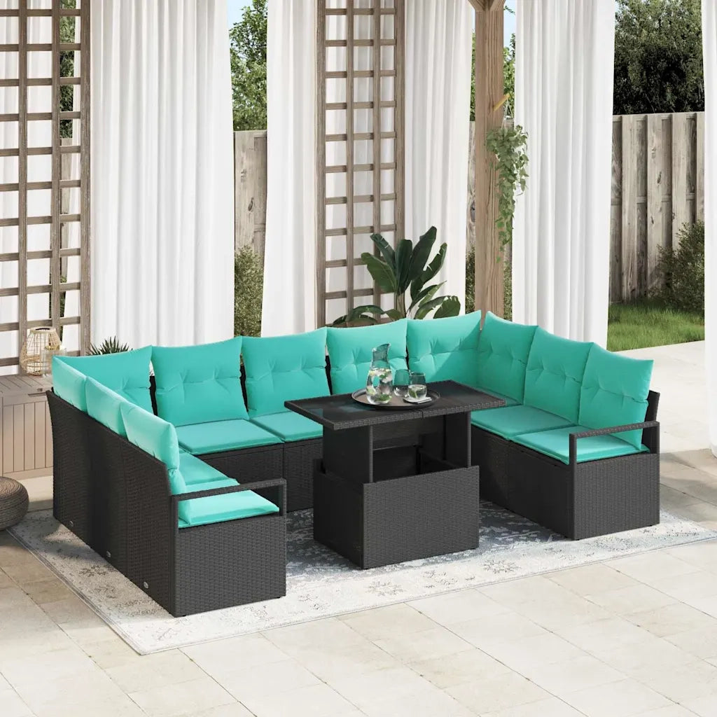 Set Divano da Giardino 10 pcs Nero e Blu Poly Rattan 3348892