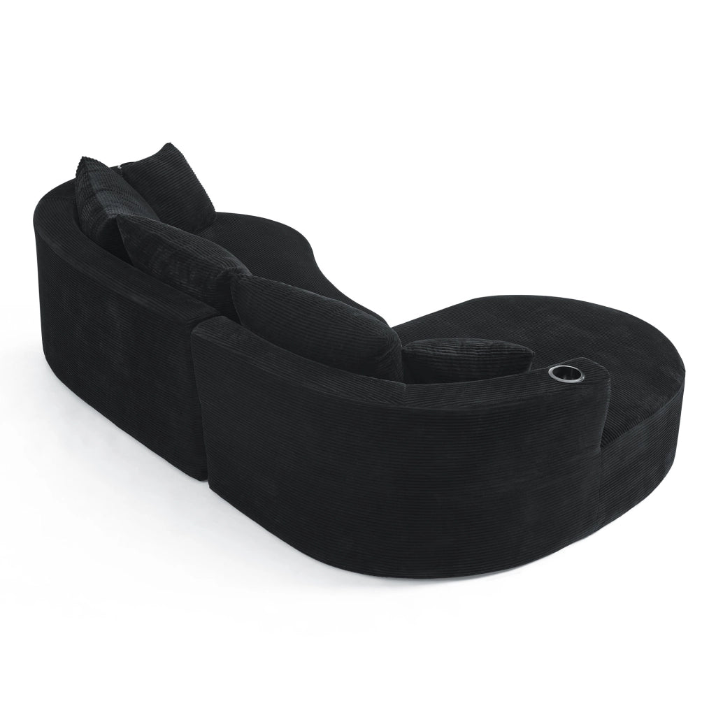 Divano a 3 posti dal design curvo in tessuto corduroy nero; con portabicchieri e cuscini