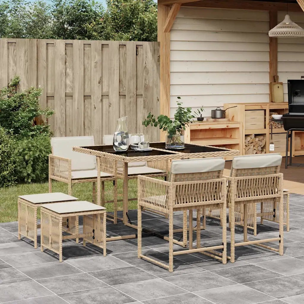 Set da Pranzo da Giardino 9 pz | Set Salotto da Giardino con Cuscini Beige in Polyrattan