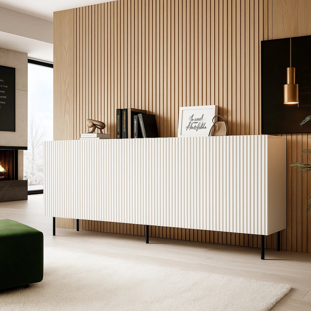 Credenza Corana, Madia da salotto con quattro ante battenti, Rialzato da terra, 200x42 h82 cm, Bianco