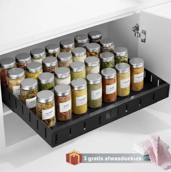 Sistema di supporto da cucina estensibile nero - incl. 3 asciugamani da cucina - Schede di apertura - Regolabile 31-52 cm - Per spezie & articoli da cucina