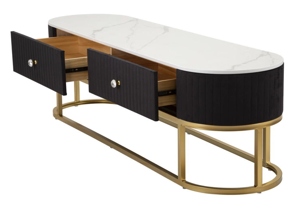 Mobile porta tv metallo dorato, tessuto nero e similmarmo, cassetti 150x42x45cm Montpellier