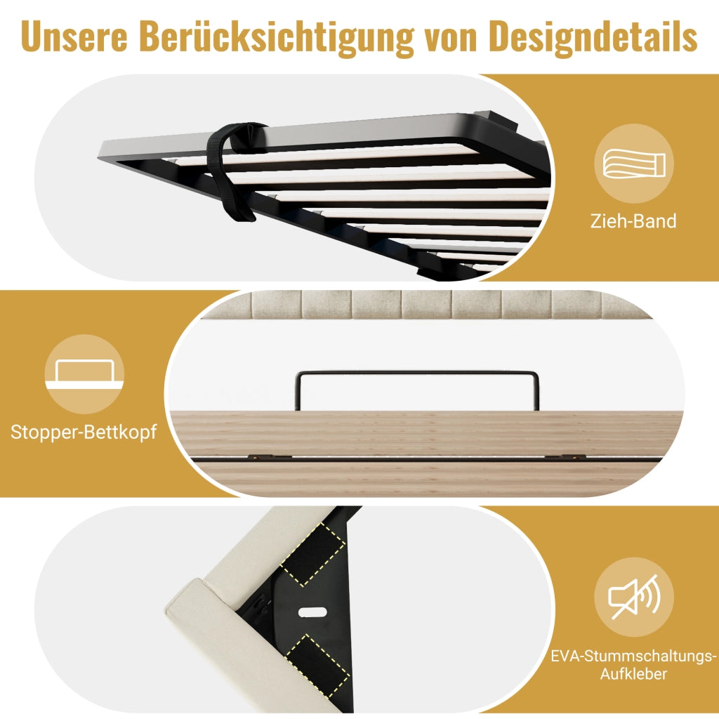DESMIU Letto contenitore 90 × 200 cm 1 posto con LED, sollevamento idraulico e senza materasso, in lino, beige