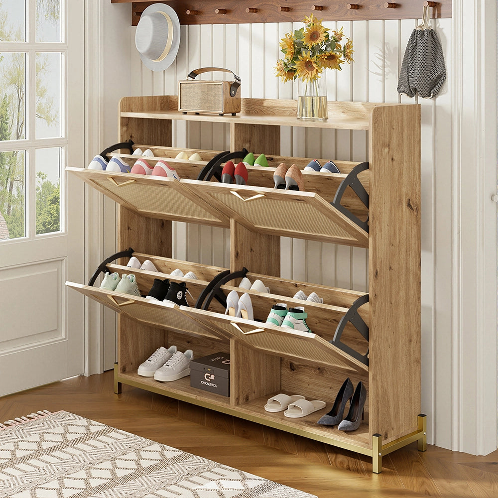 Armadio per scarpe in legno elegante - Xylo - 4 porte in rattan e ripiano superiore