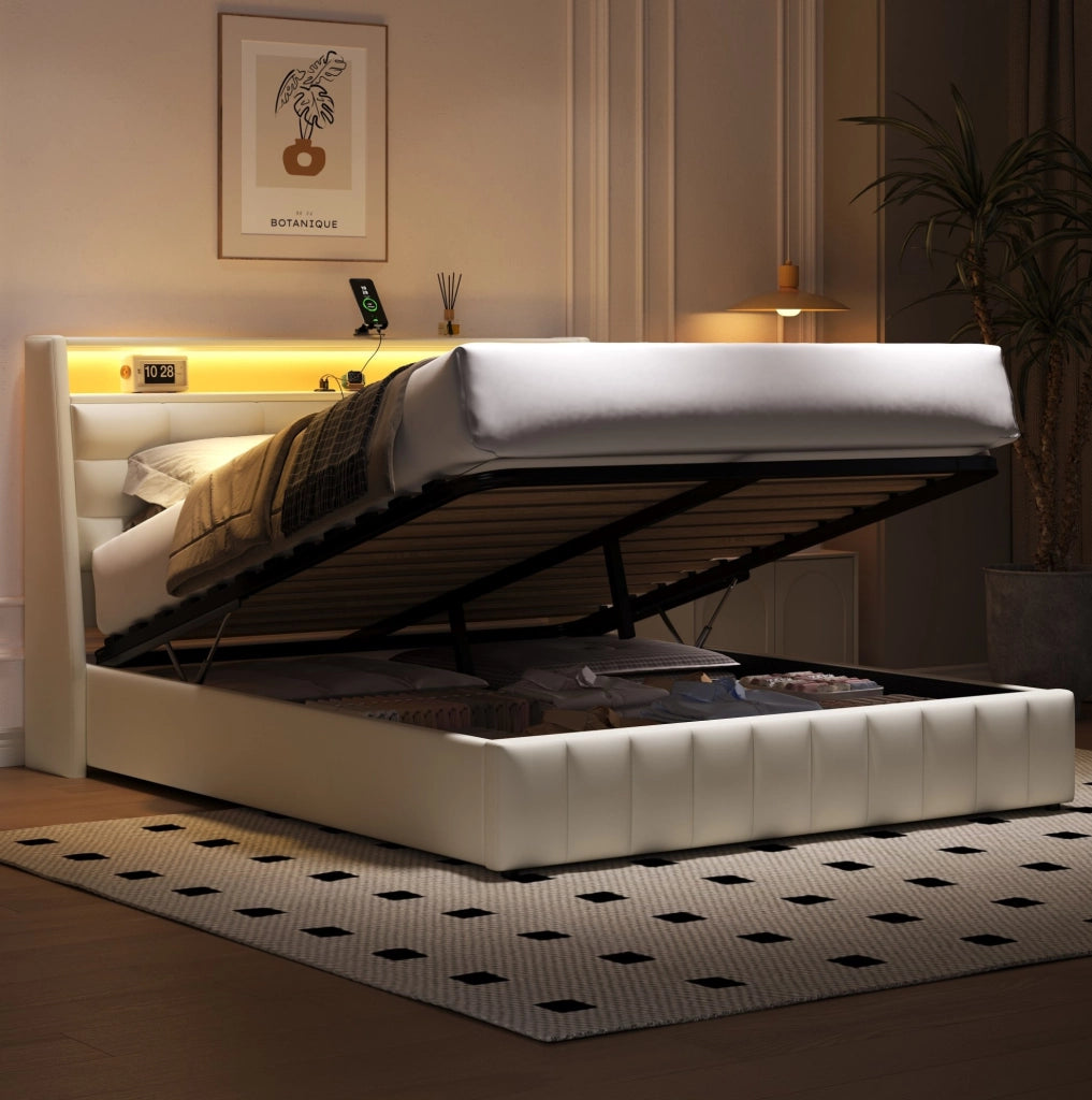 Letto piattaforma 160x200 con LED, USB e spazio contenitivo