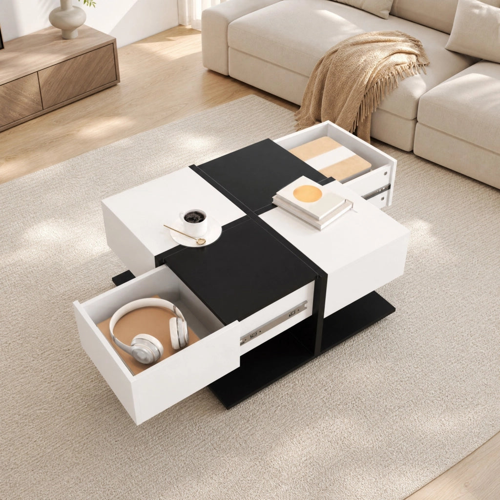 Tavolino da Salotto Quadrato Nero e Bianco con 2 Cassetti, 70 x 70 x 35,5 cm, in Truciolare, con Struttura Stabile e Guide Scorrevoli